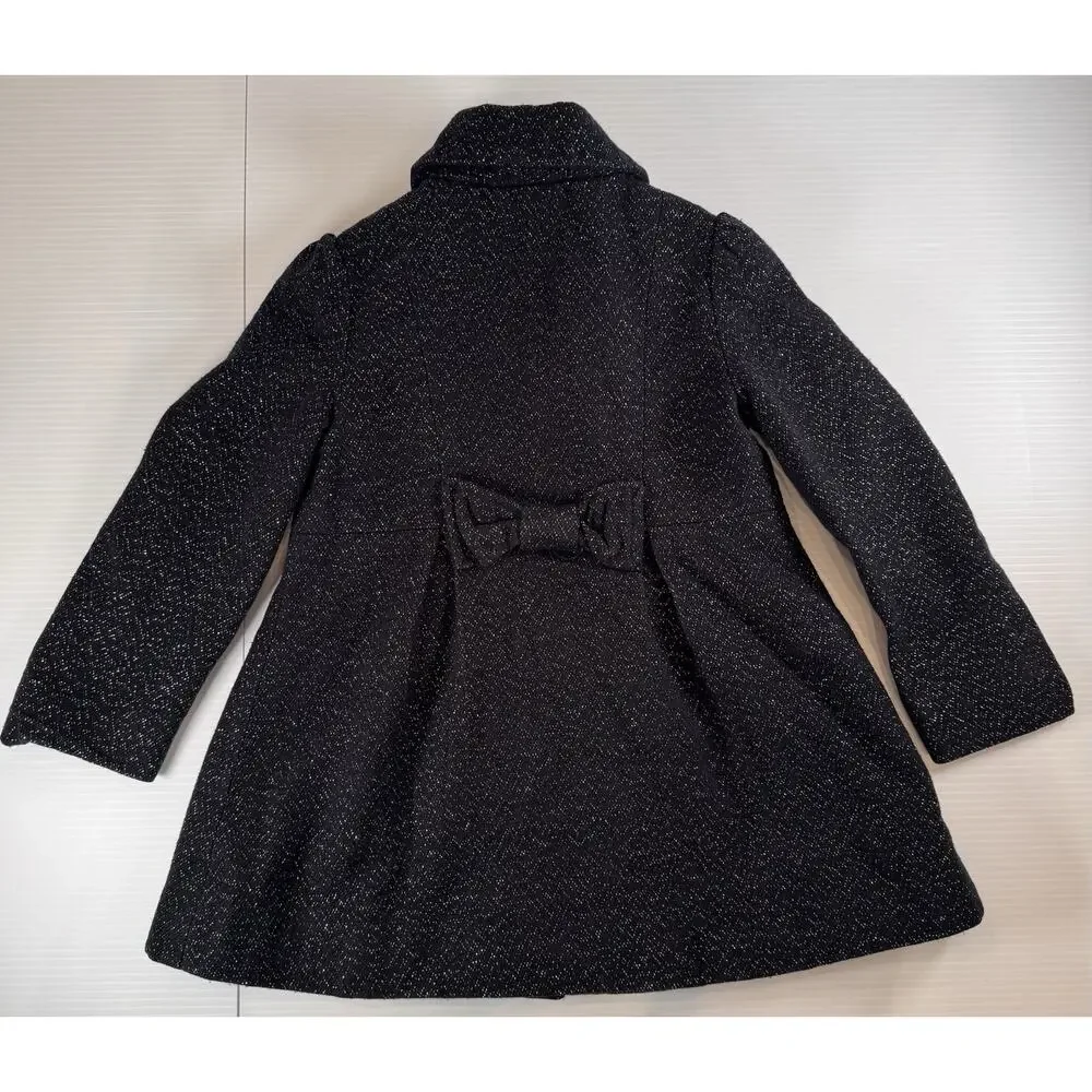 Cherokee Girls 4T Black Flecked Tweed Button Coat Jacket w/ Bow, Lined